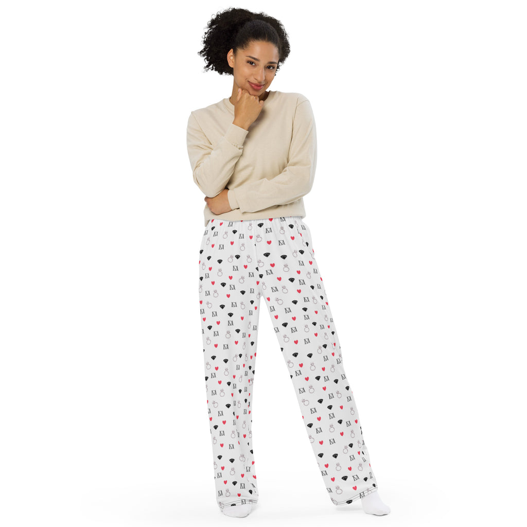Unisex wide-leg pants by Daemon Luxury with speckled diamond art print in white, full-front view showing stylish, comfortable design.