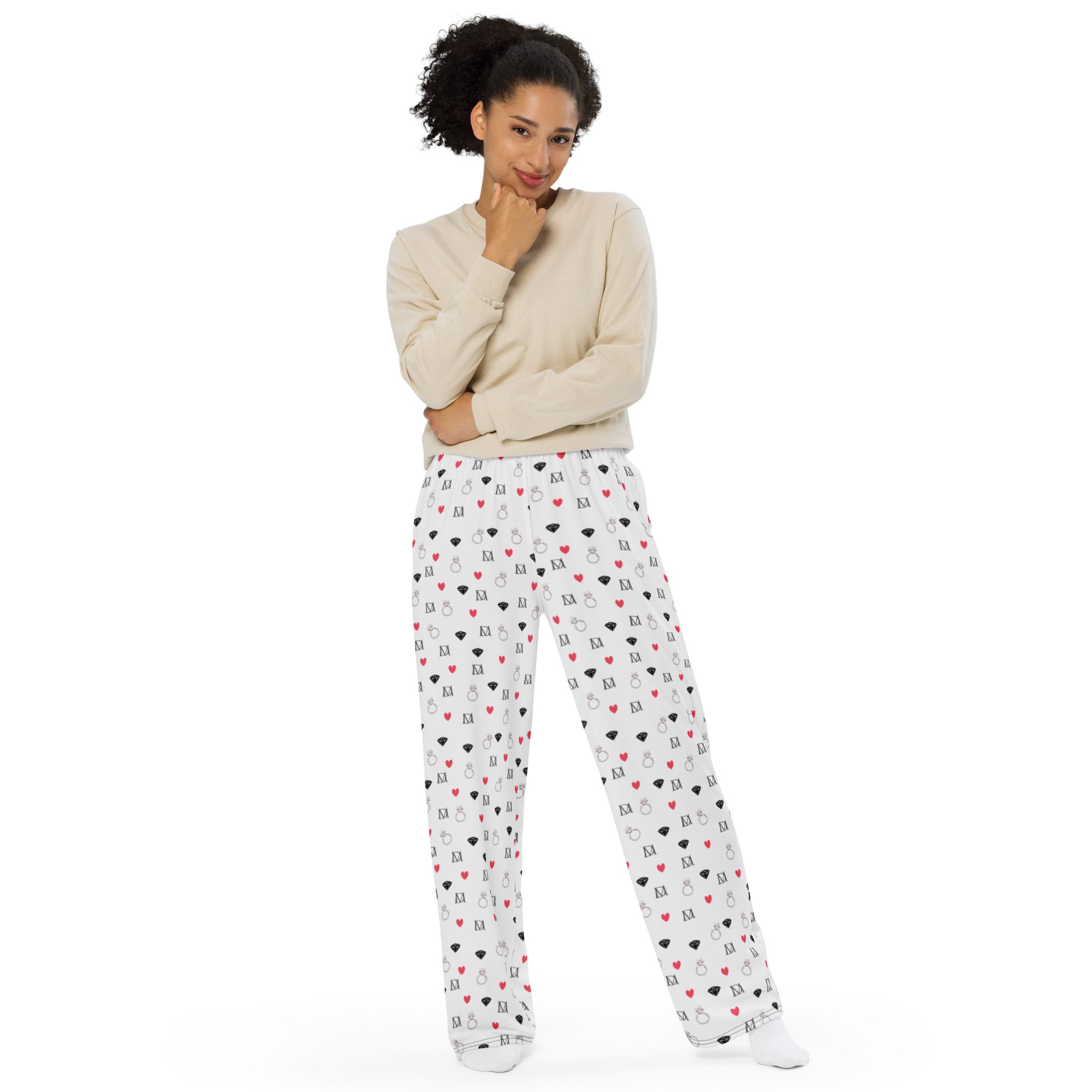 Unisex wide-leg pants by Daemon Luxury with speckled diamond art print in white, full-front view showing stylish, comfortable design.