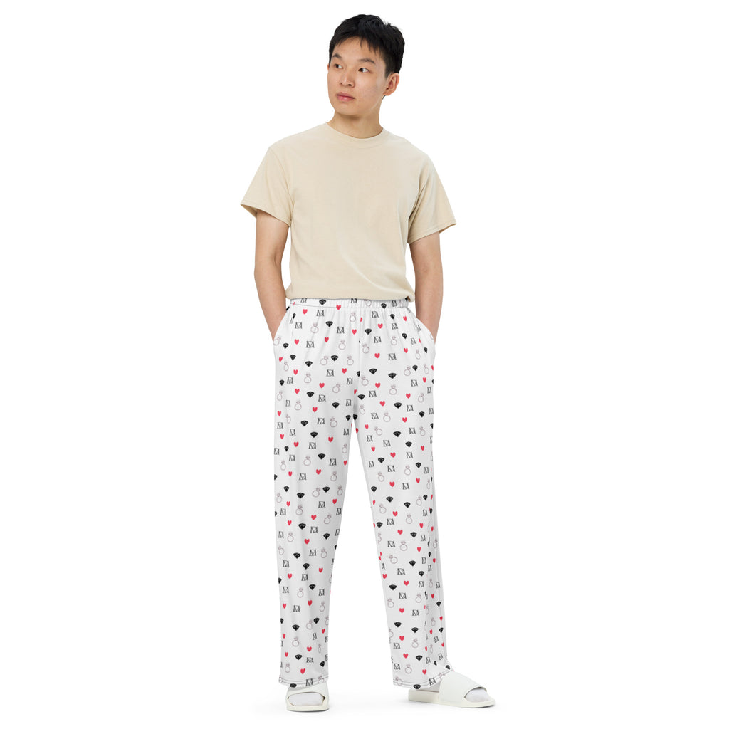 Daemon Luxury Speckled Diamonds Artica Blizzard unisex wide-leg pants with all-over white print, stylish and comfortable for casual wear.