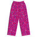 Unisex wide-leg pants with Picasso-inspired magenta and white print from Daemon Luxury, shown from the front view.