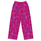 Unisex wide-leg pants with Picasso-inspired magenta and white print from Daemon Luxury, shown from the front view.