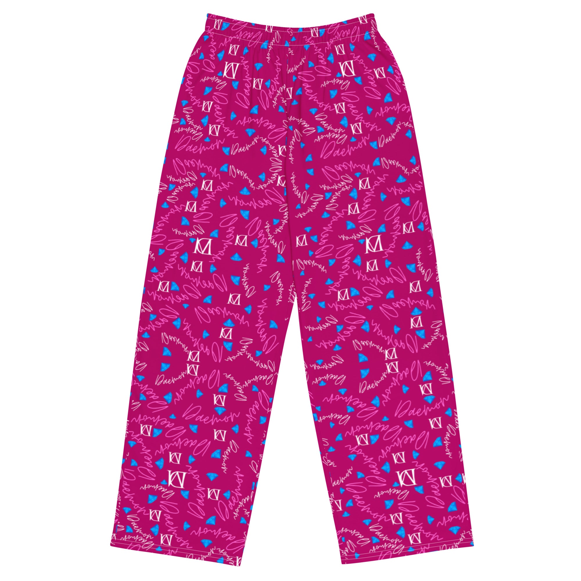 Unisex wide-leg pants with Picasso-inspired magenta and white print from Daemon Luxury, shown from the front view.