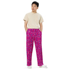 Unisex wide-leg pants by Daemon Luxury featuring all-over magenta Picasso mirror print on white fabric.