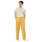 Daemon Luxury Tarmin Honeybees unisex wide-leg sala pants with all-over honeybee print on white fabric.