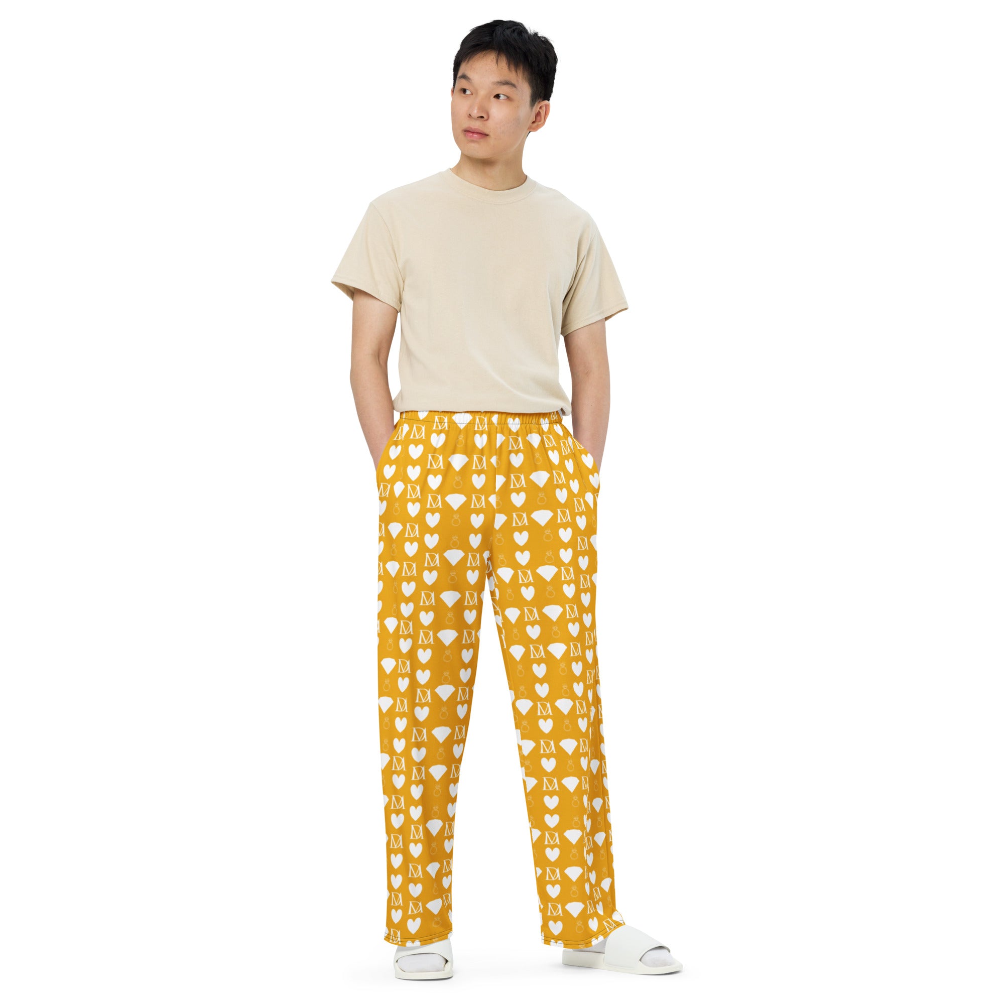 Daemon Luxury Tarmin Honeybees unisex wide-leg sala pants with all-over honeybee print on white fabric.