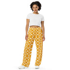 Daemon Luxury Tarmin Honeybees unisex wide-leg sala pants with all-over white honeybee print, front view.