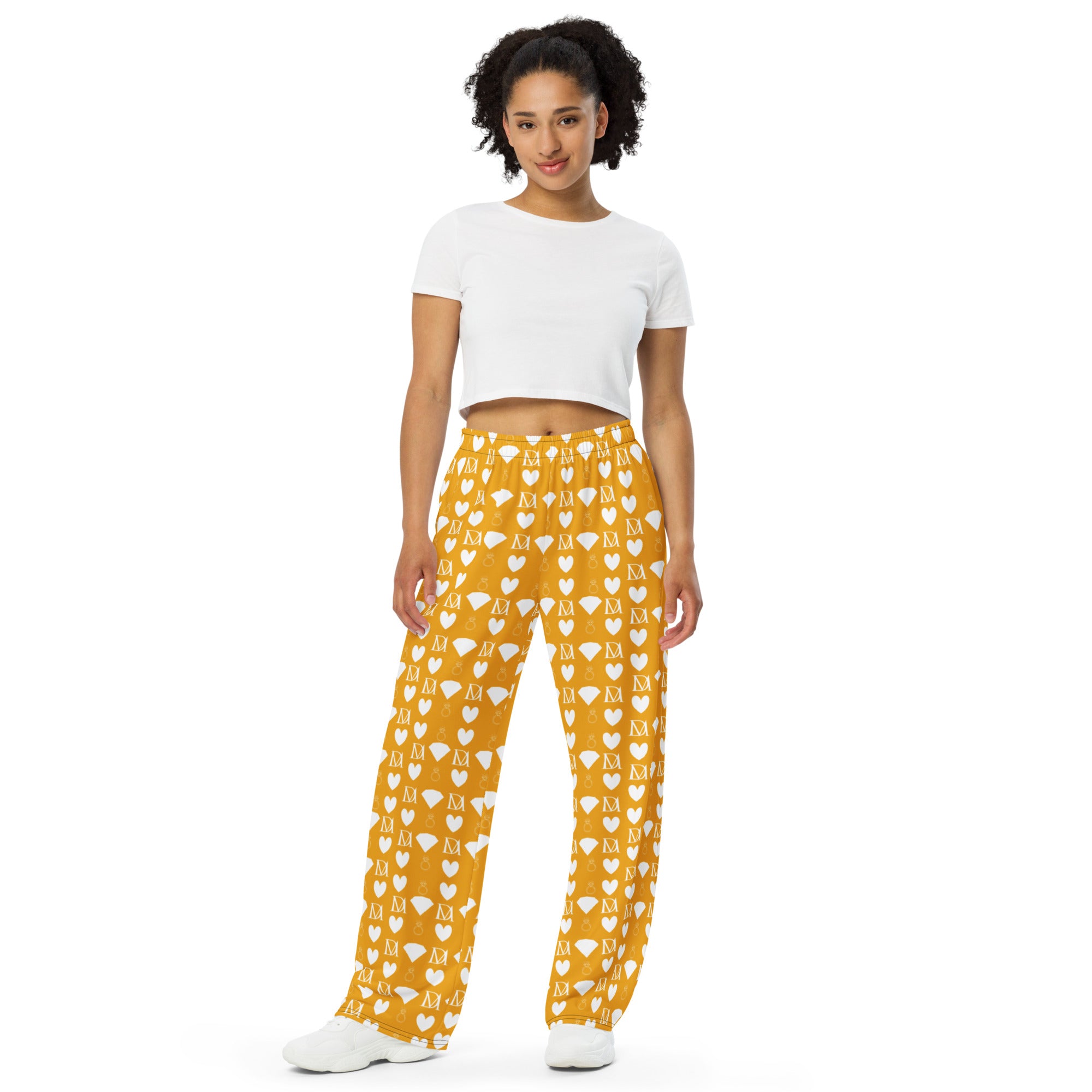 Daemon Luxury Tarmin Honeybees unisex wide-leg sala pants with all-over white honeybee print, front view.