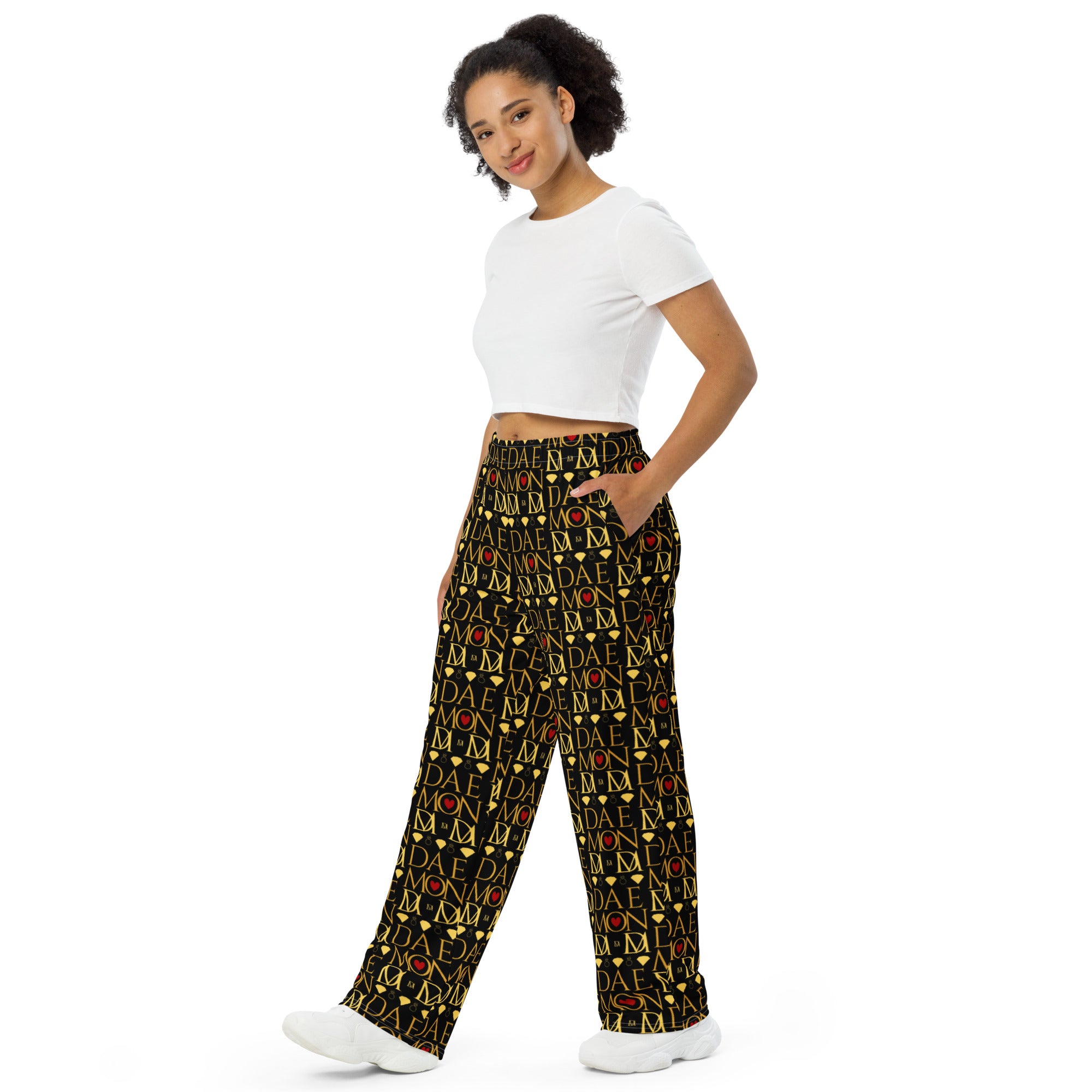 Unisex wide-leg lounge pants with Sun Glow California print by Daemon Luxury, featuring a white all-over design and relaxed fit.