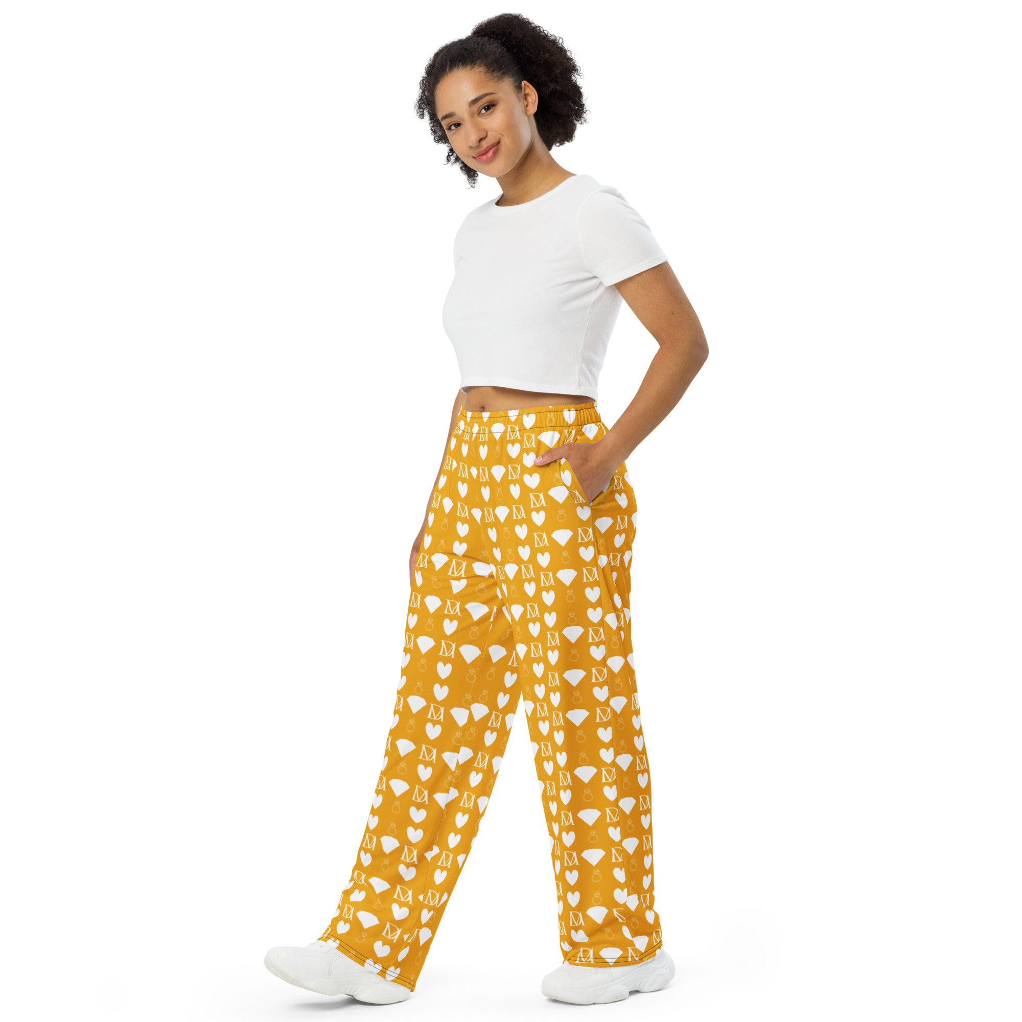 Daemon Luxury Tarmin Honeybees unisex wide-leg pants with all-over print in white, front view.