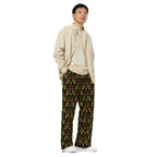 Unisex wide-leg pants from Daemon Luxury Sun Glow California .1 Lounge with all-over white print, right front view.