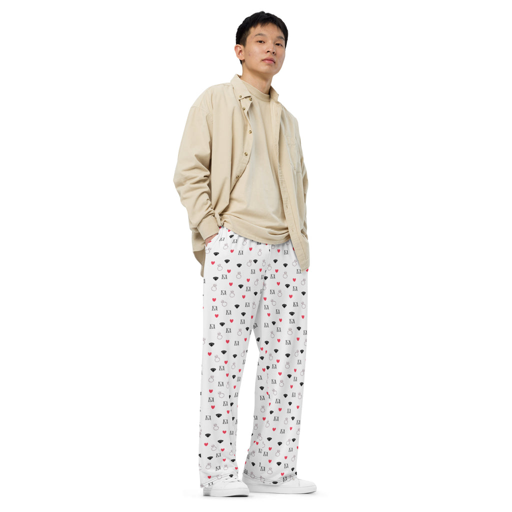 Unisex wide-leg pants featuring speckled diamond pattern in white, from Daemon Luxury's Artica Blizzard Pantaloni Sala collection.