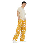 Daemon Luxury Tarmin Honeybees unisex wide-leg sala pants with all-over white print, shown from the front.