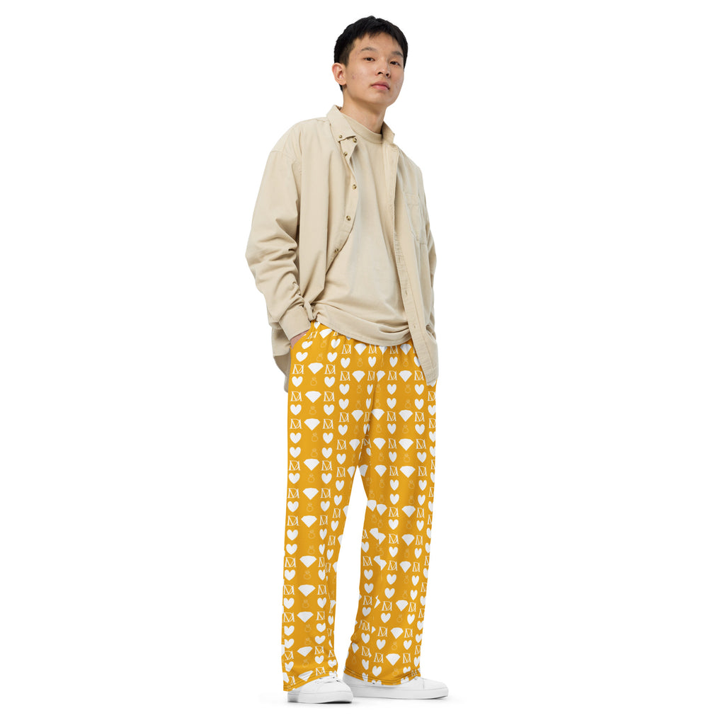 Daemon Luxury Tarmin Honeybees unisex wide-leg sala pants with all-over white honeybee print, right front view.