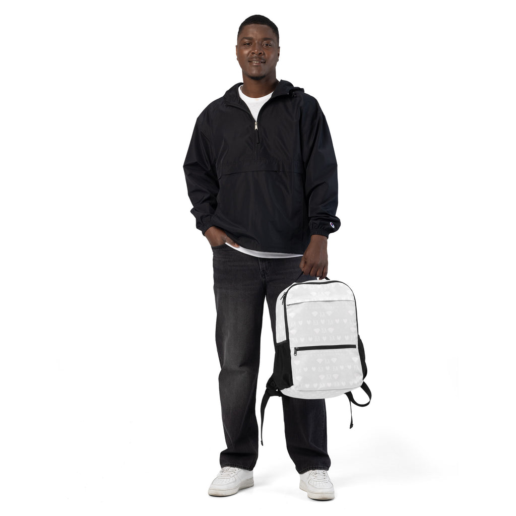 Daemon Frosted Diamonds Glacier utility backpack with all-over white print, showcasing a stylish, functional design with diamond pattern.