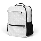 Daemon Frosted Diamonds Glacier utility backpack with all-over white diamond print, front view showing adjustable straps and zip compartments.