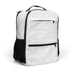 Daemon Frosted Diamonds Glacier Zaino backpack with white all-over print, showing the front and right side of the utility backpack.