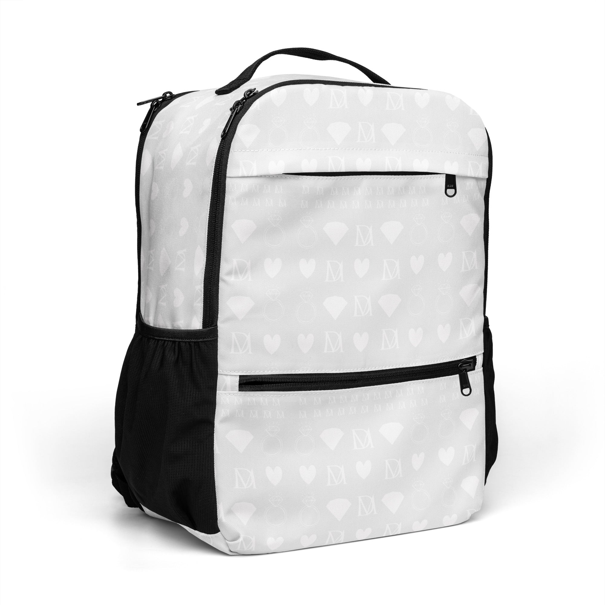 Daemon Frosted Diamonds Glacier Zaino backpack with white all-over print, showing the front and right side of the utility backpack.
