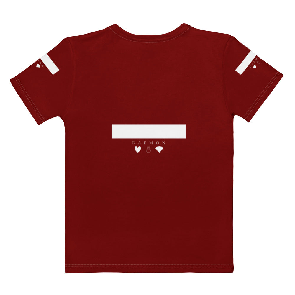 White SACHI BANS Premio il Woman crew neck T-shirt by Daemon Luxury with all-over print, shown from the back.