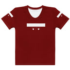 White women's crew neck T-shirt with all-over SACHI BANS Premio il print by Daemon Luxury, front view.