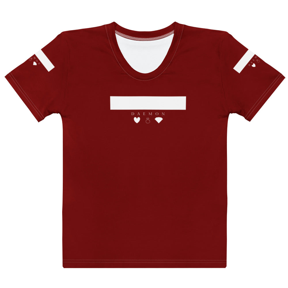 White women's crew neck T-shirt with all-over SACHI BANS Premio il print by Daemon Luxury, front view.