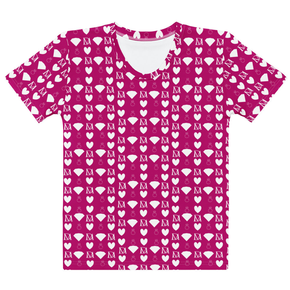 White crew neck t-shirt featuring all-over-print frosted diamonds relay design by Daemon Luxury for women.