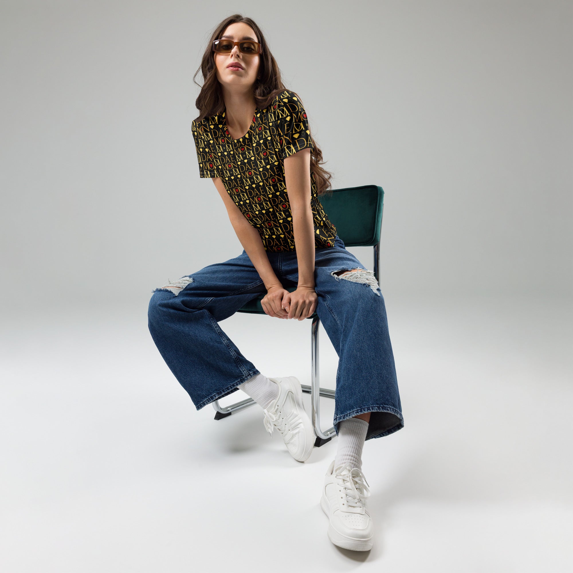 White women's crew neck t-shirt featuring Sun Glow California Premio il design by Daemon Luxury, all-over print style.