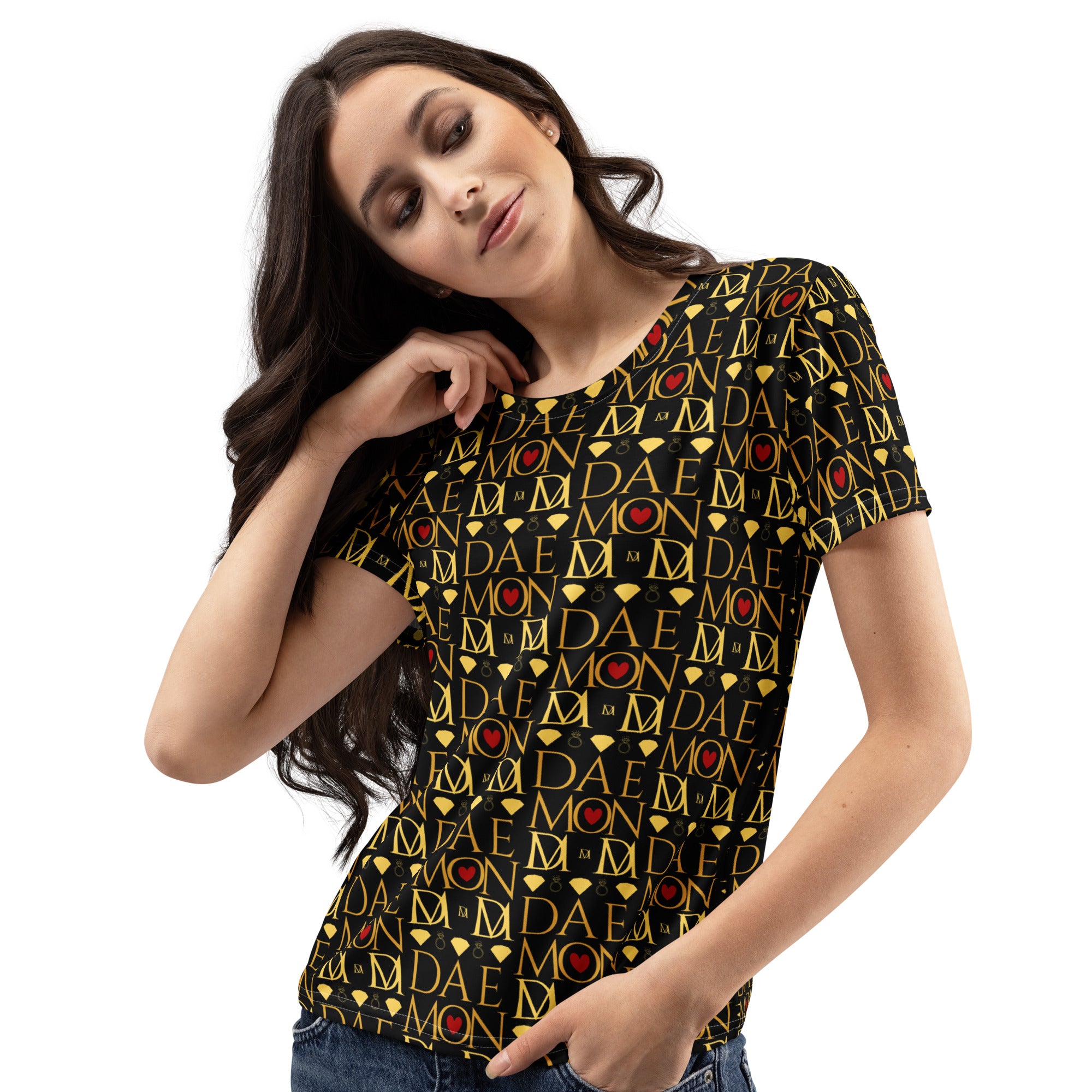 Daemon Luxury Sun Glow California Premio il woman crew-neck T-shirt in white with all-over colorful print, front view.