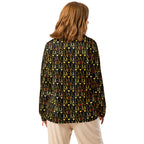 Daemon Luxury Sun Glow California women's long-sleeve pajama top with all-over black print in luxurious silk fabric.