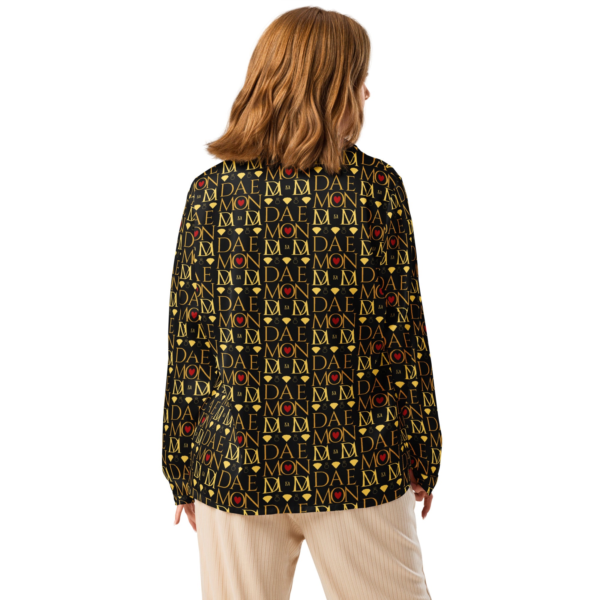Daemon Luxury Sun Glow California women's long-sleeve pajama top with all-over black print in luxurious silk fabric.