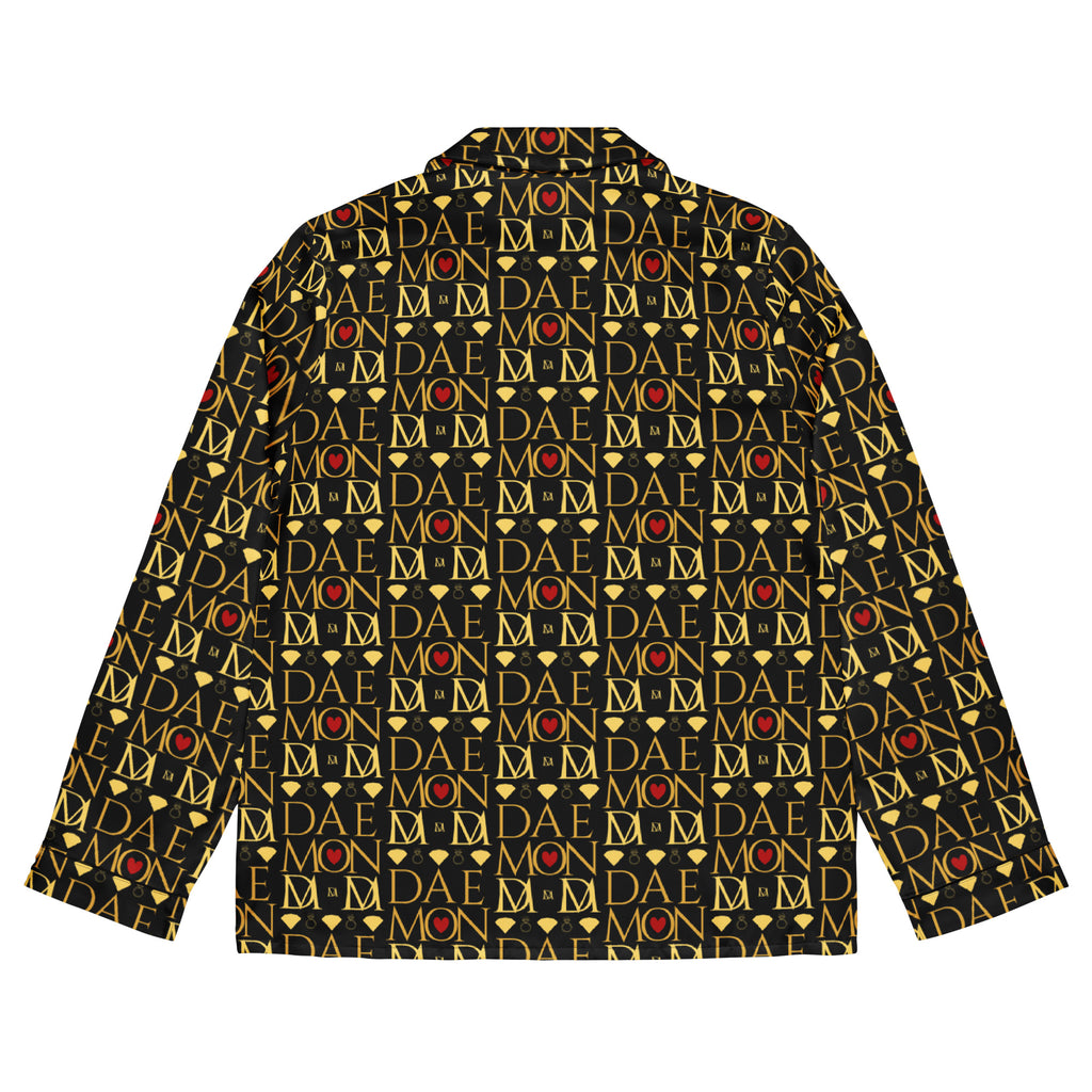 Daemon Luxury Sun Glow California women's long-sleeve silk pajama top with all-over print in black.