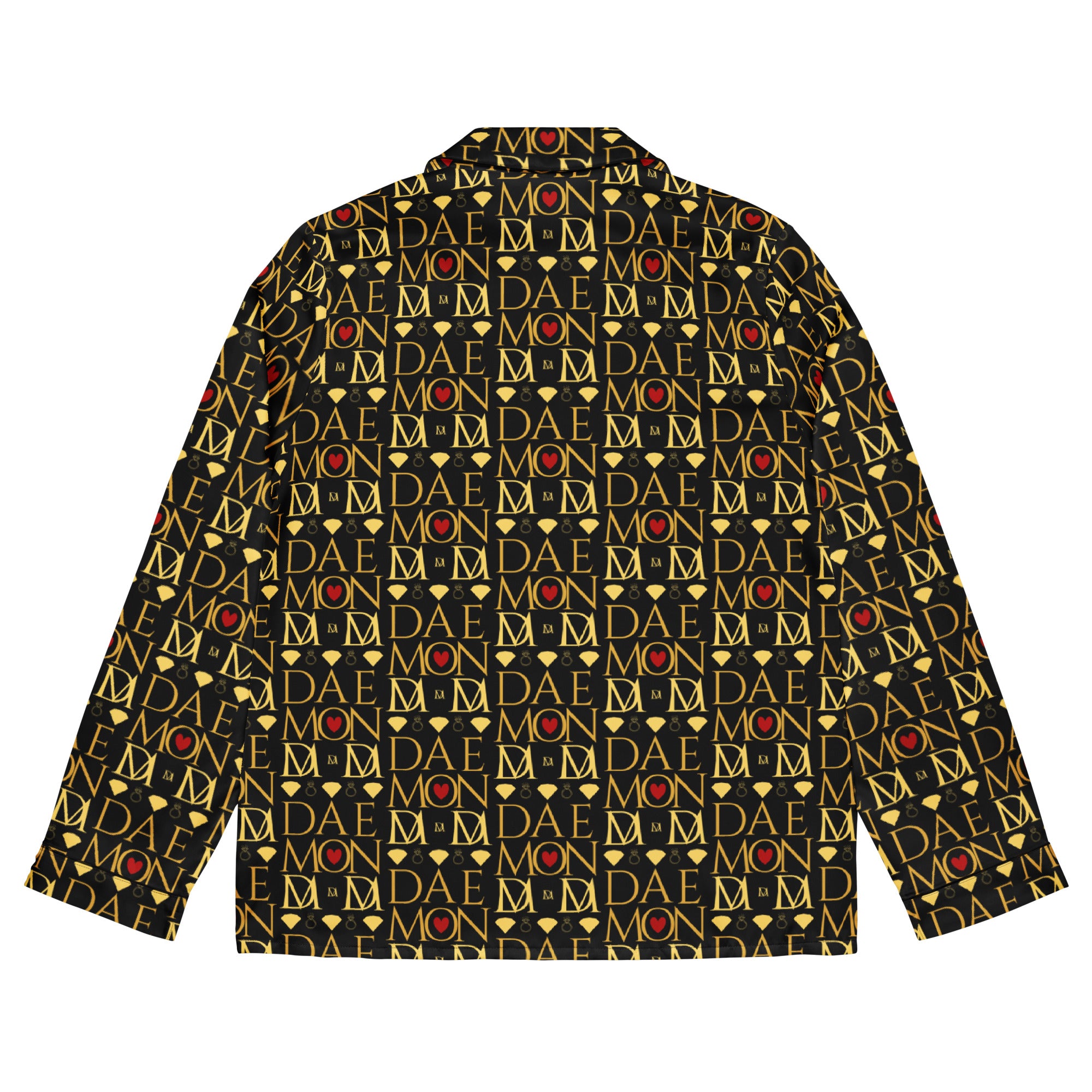 Daemon Luxury Sun Glow California women's long-sleeve silk pajama top with all-over print in black.