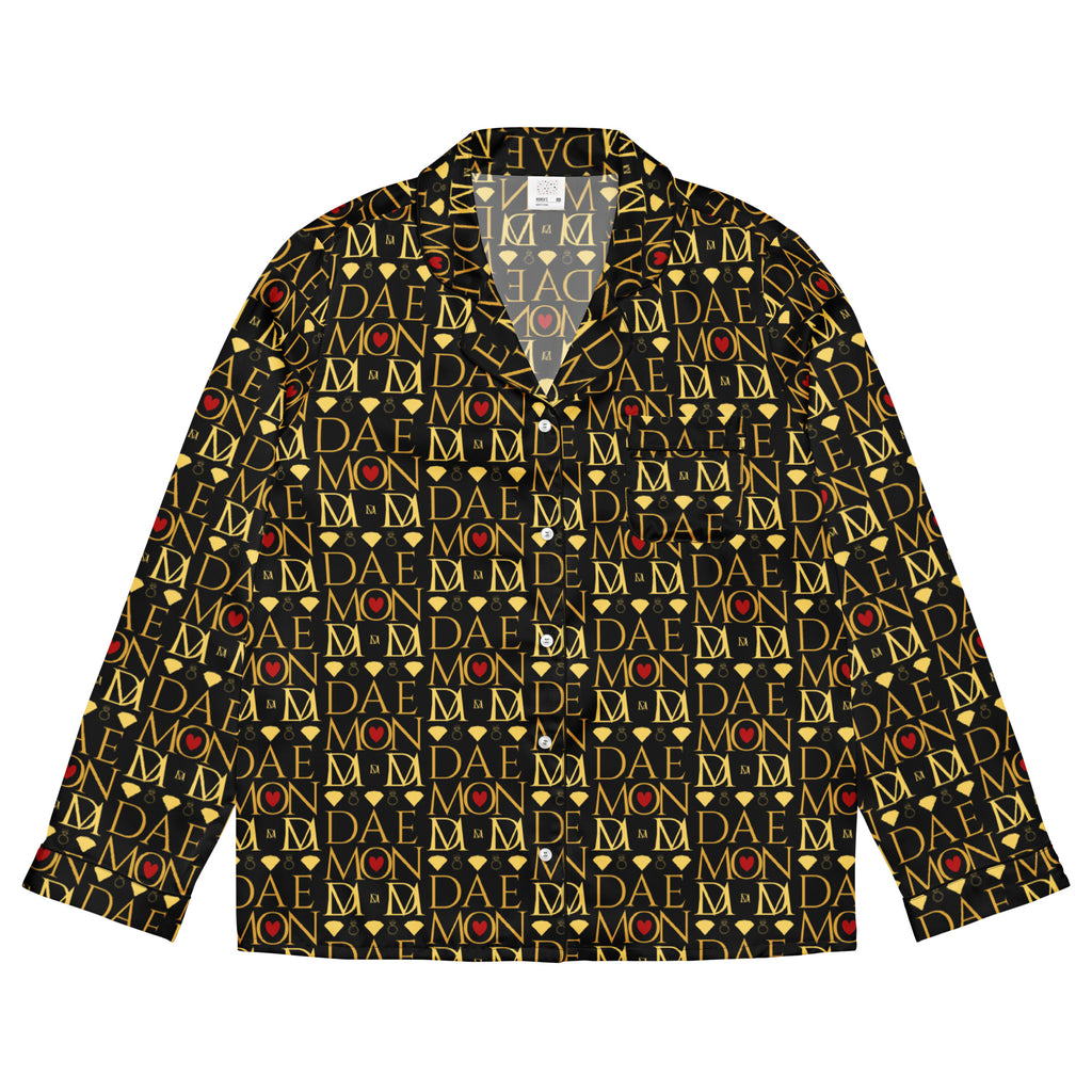 Daemon Luxury Sun Glow California women's silk long-sleeve pajama top with all-over sunset print, black color, front view