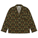 Daemon Luxury Sun Glow California women's silk long-sleeve pajama top with all-over sunset print, black color, front view