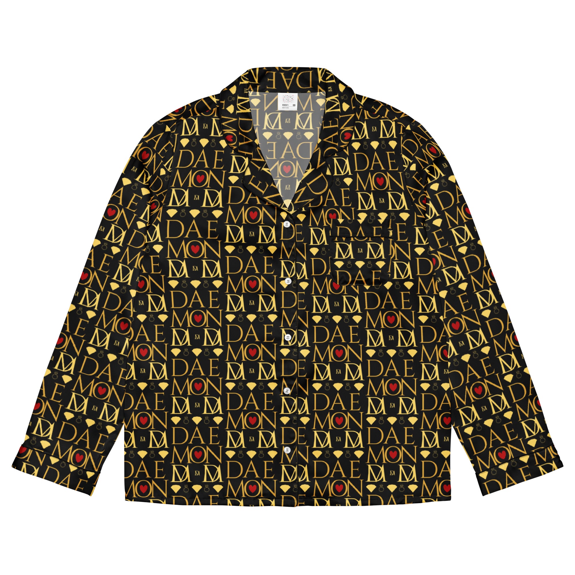 Daemon Luxury Sun Glow California women's silk long-sleeve pajama top with all-over sunset print, black color, front view