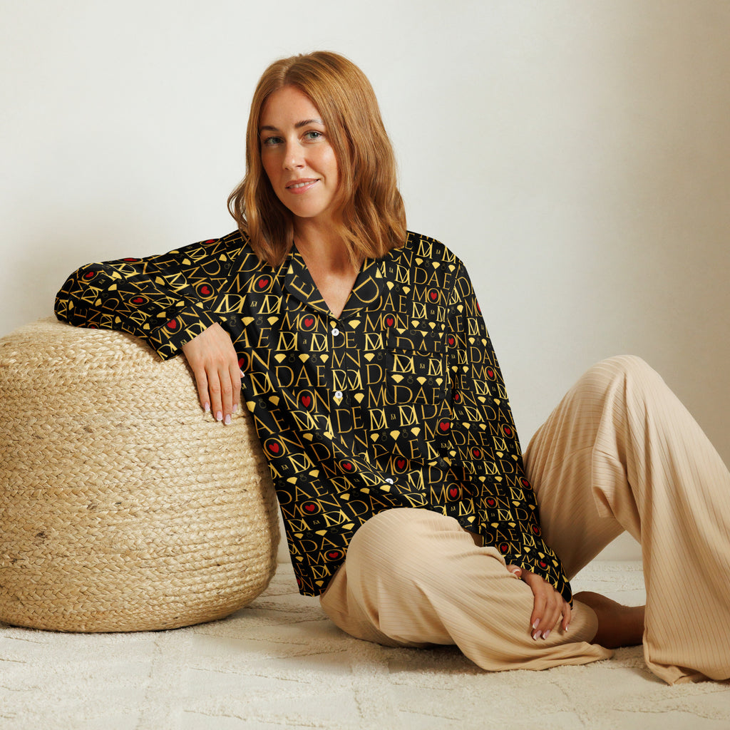 Daemon Luxury Sun Glow California women's long-sleeve pajama top with all-over print in black, made from silky satin fabric.