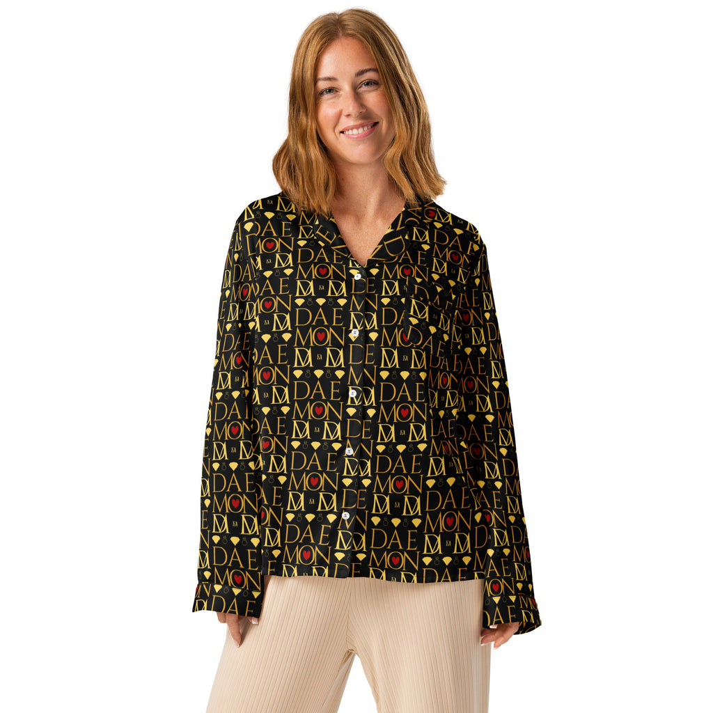 Daemon Luxury Sun Glow California women's long-sleeve silk pajama top with all-over print in black.