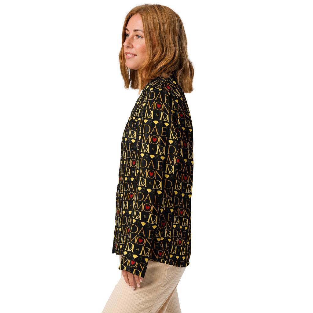 Daemon Luxury Sun Glow California women's long-sleeve silk pajama top with all-over print in black.