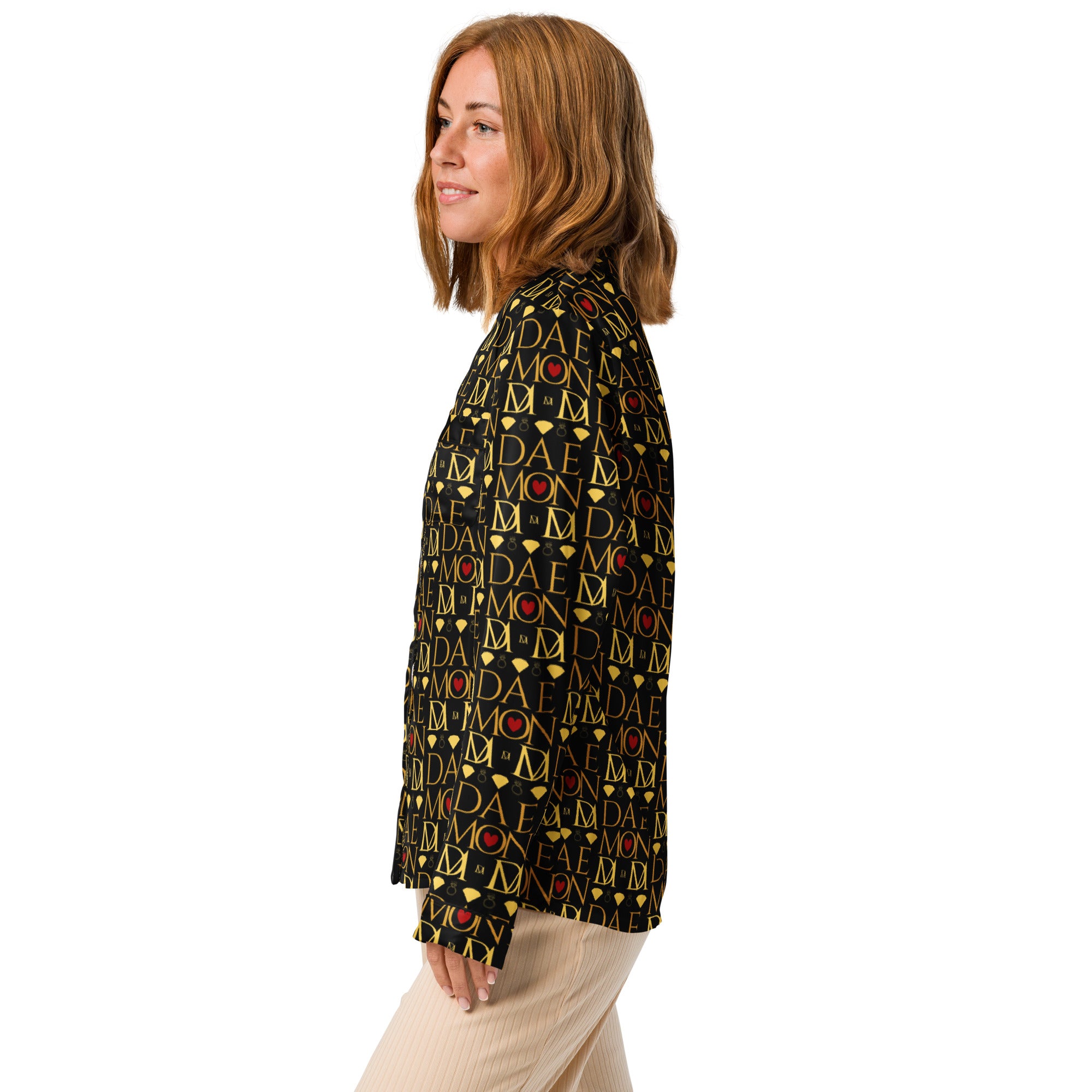 Daemon Luxury Sun Glow California women's long-sleeve silk pajama top with all-over print in black.