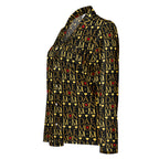 Daemon Luxury Sun Glow California women's long-sleeve silk pajama top with all-over black and colorful print.