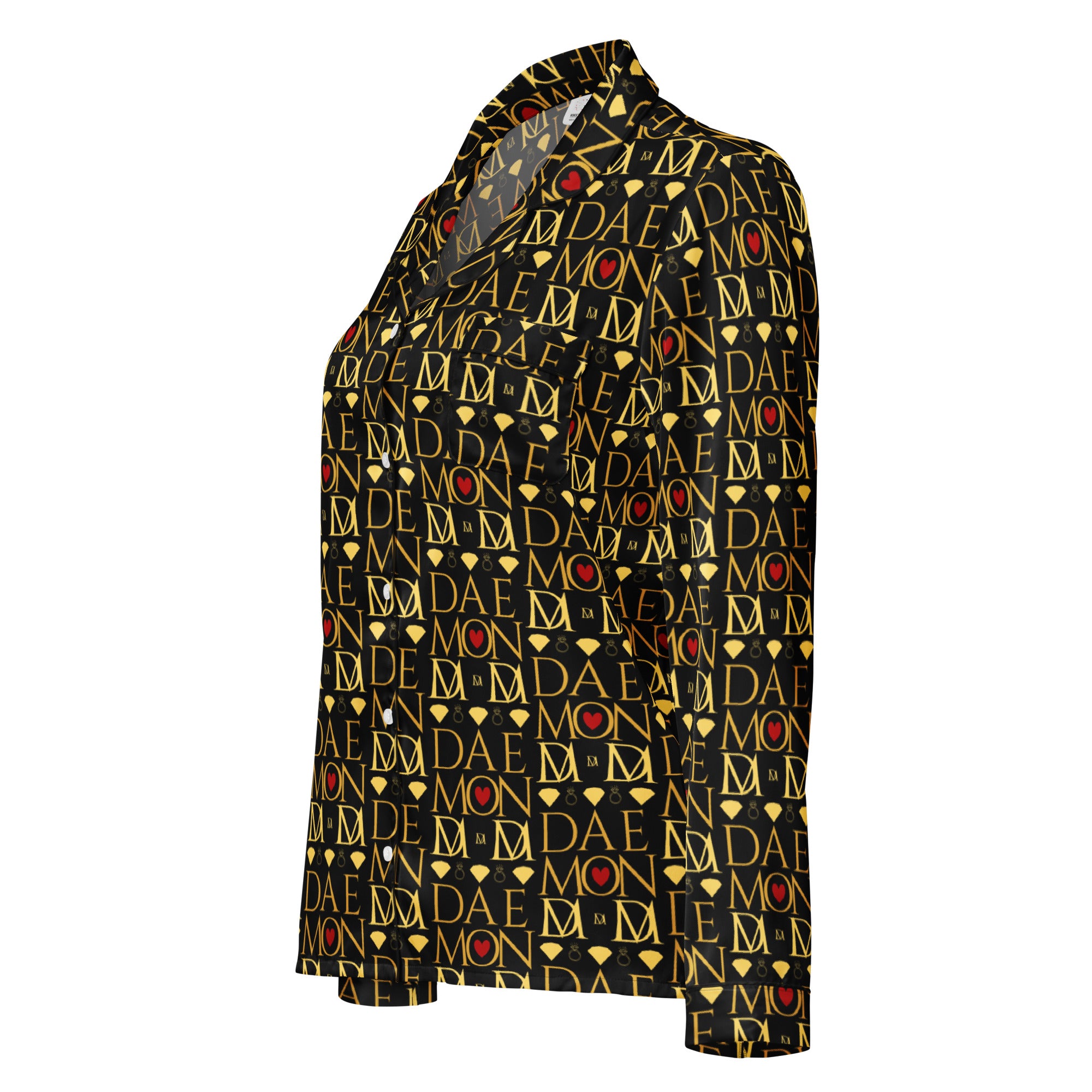 Daemon Luxury Sun Glow California women's long-sleeve silk pajama top with all-over black and colorful print.