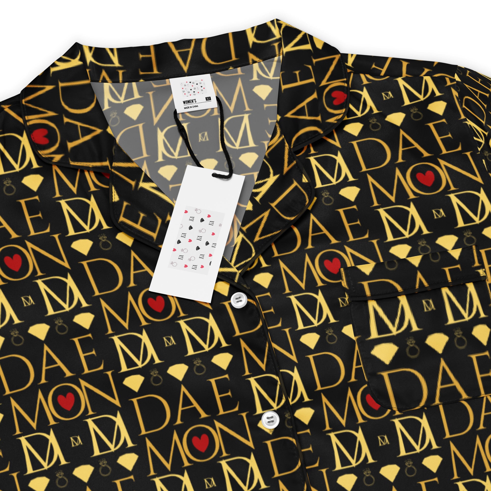 Daemon Luxury Sun Glow California women's long-sleeve silk pajama top with all-over print in black.
