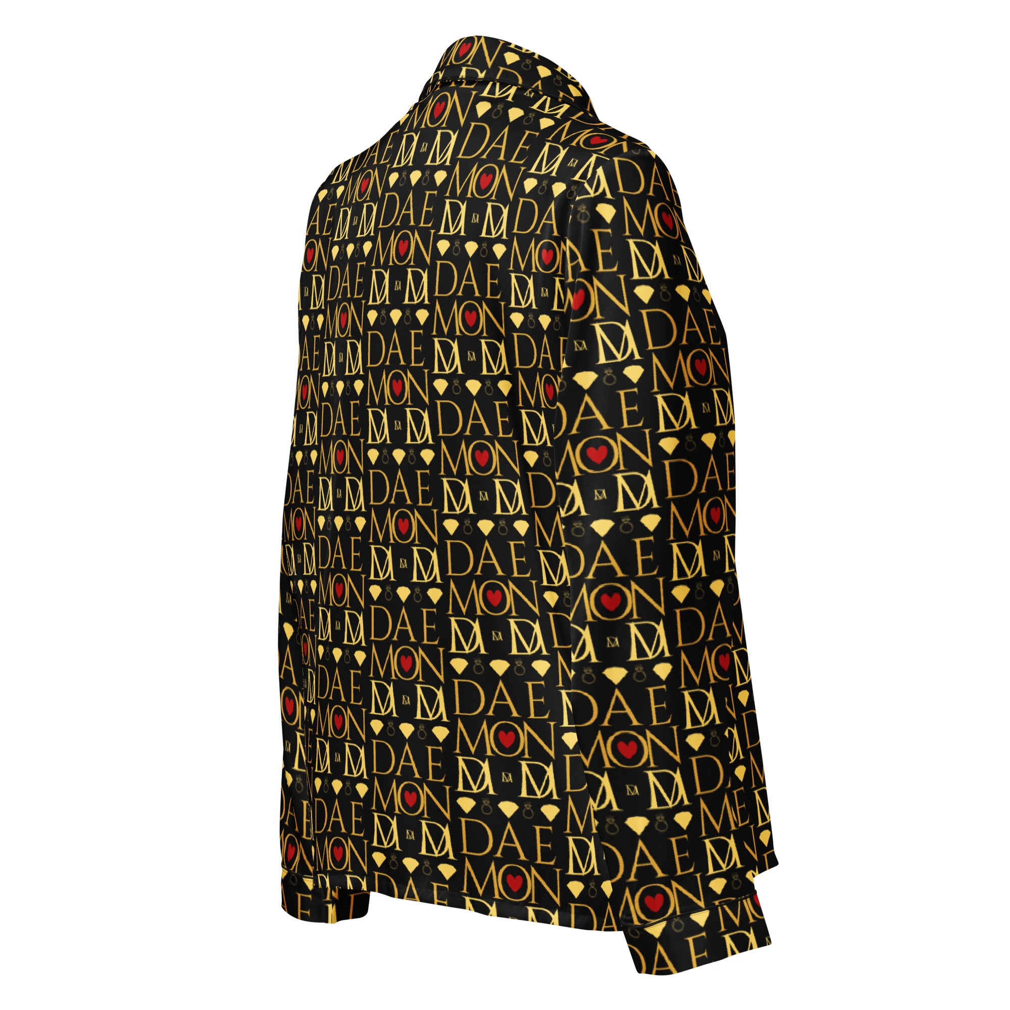 Daemon Luxury Sun Glow California silk pajama top for women with all-over print, long sleeves, black color, right back view