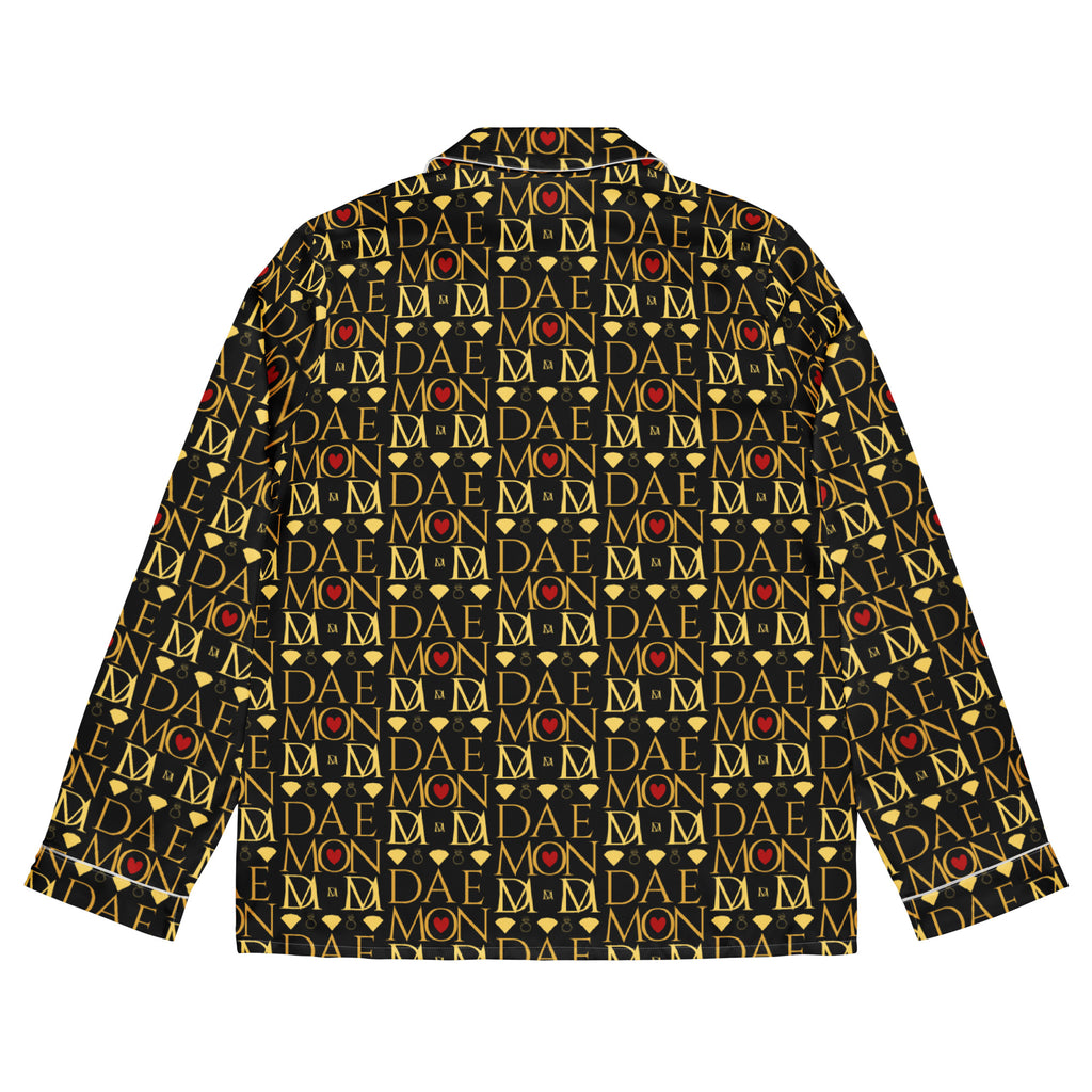 Daemon Luxury Sun Glow California women's silk long-sleeve pajama top with all-over sunset print on white fabric.