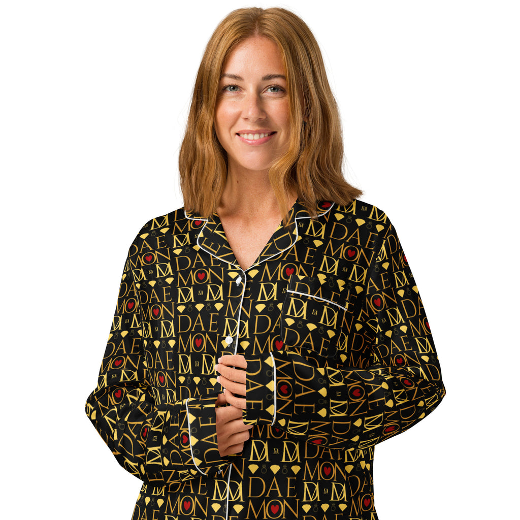 Daemon Luxury Sun Glow California women's long-sleeve pajama top with all-over white print and silky fabric.