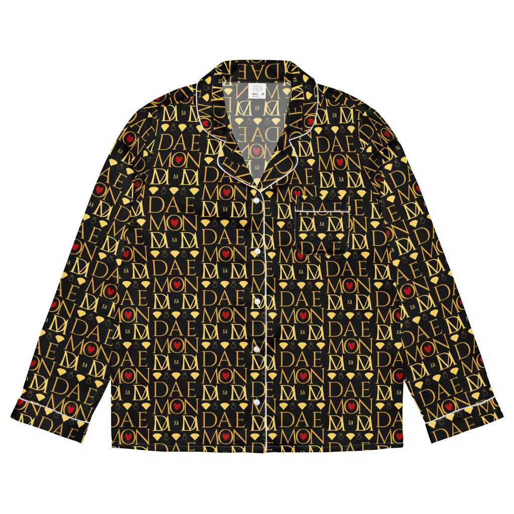 Daemon Luxury Sun Glow California women's long-sleeve silk pajama top with all-over print and white front, stylish and comfortable sleepwear.