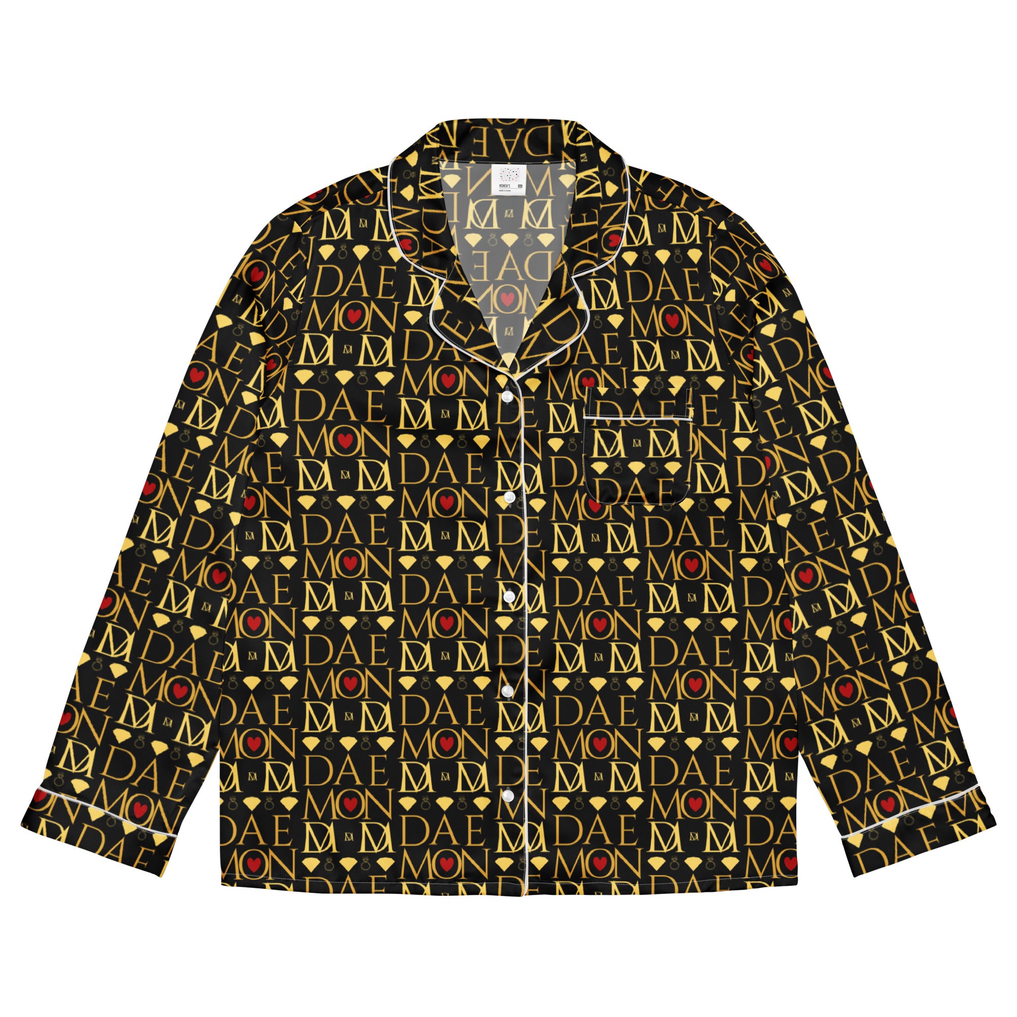 Daemon Luxury Sun Glow California women's long-sleeve silk pajama top with all-over print and white front, stylish and comfortable sleepwear.