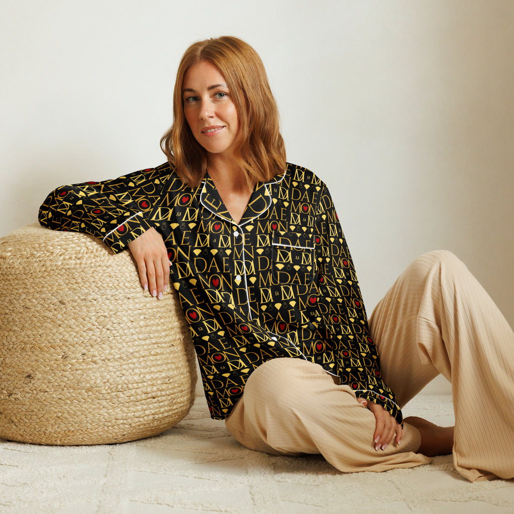Daemon Luxury Sun Glow California women's long-sleeve pajama top in white with all-over print, made from silky satin fabric.