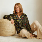 Daemon Luxury Sun Glow California women's long-sleeve pajama top in white with all-over print, made from silky satin fabric.