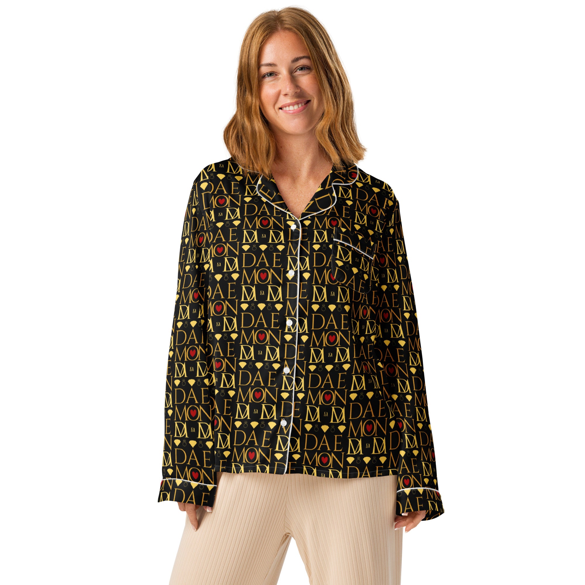 Daemon Luxury Sun Glow California women's long-sleeve pajama top in white with all-over print, made from silky satin fabric.
