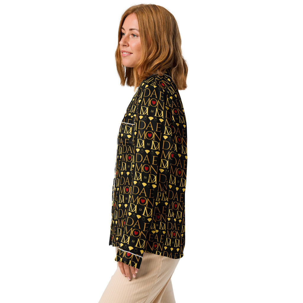 Daemon Luxury Sun Glow California women's long-sleeve pajama top in white silk with all-over print, soft and comfortable for sleep.